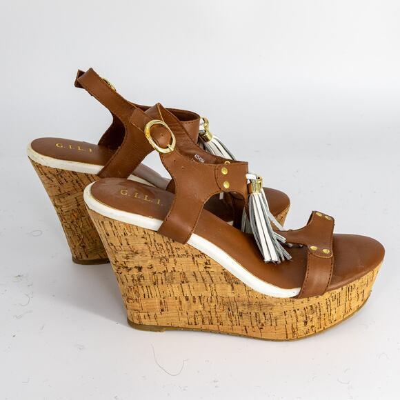 G.I.L.I. Kate Tassel Wedge Sandals US Size 5.5 Leather Cork Platform NEW - Picture 7 of 15